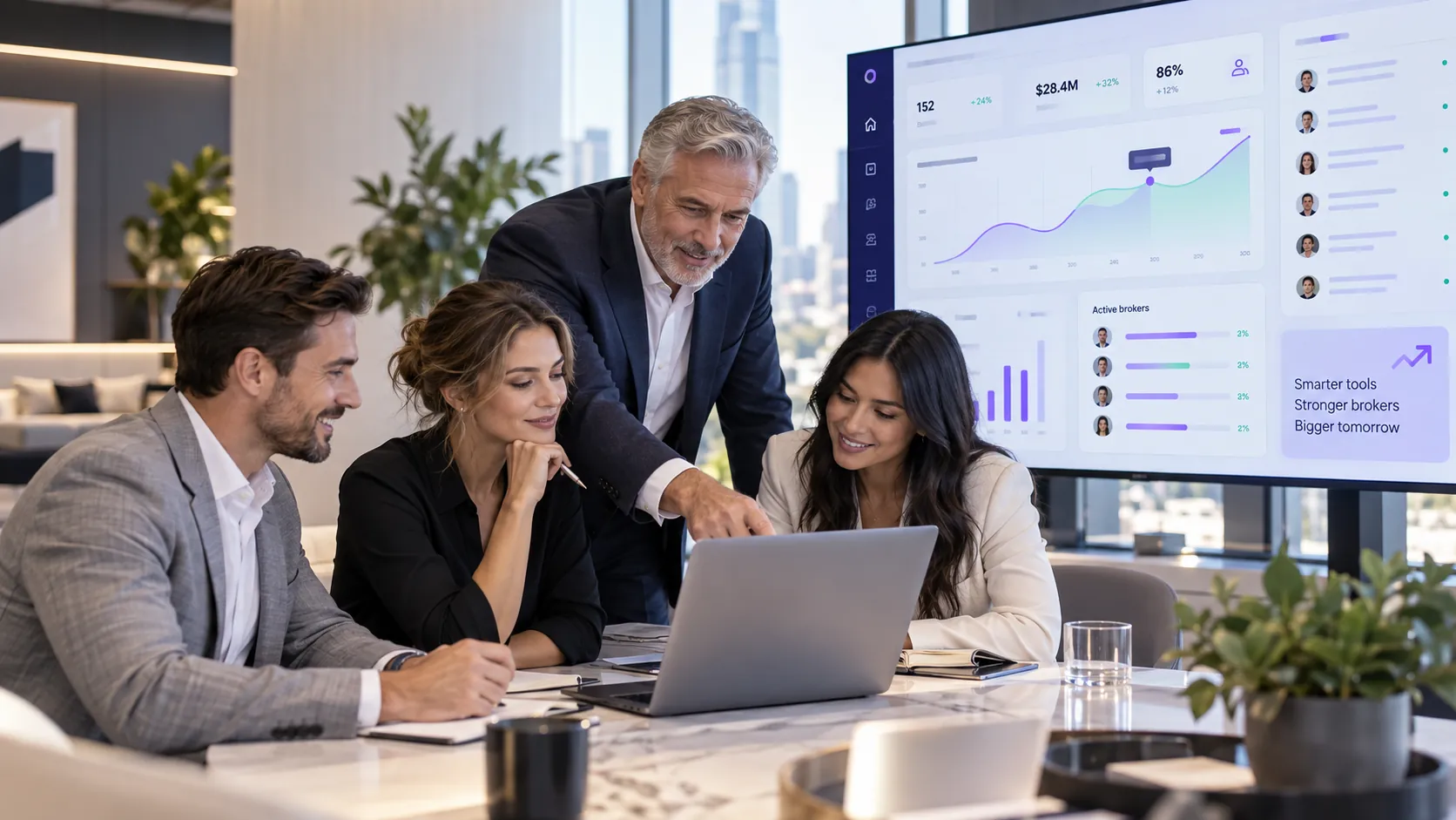 Aggregator leadership team and brokers reviewing a modern member technology dashboard
