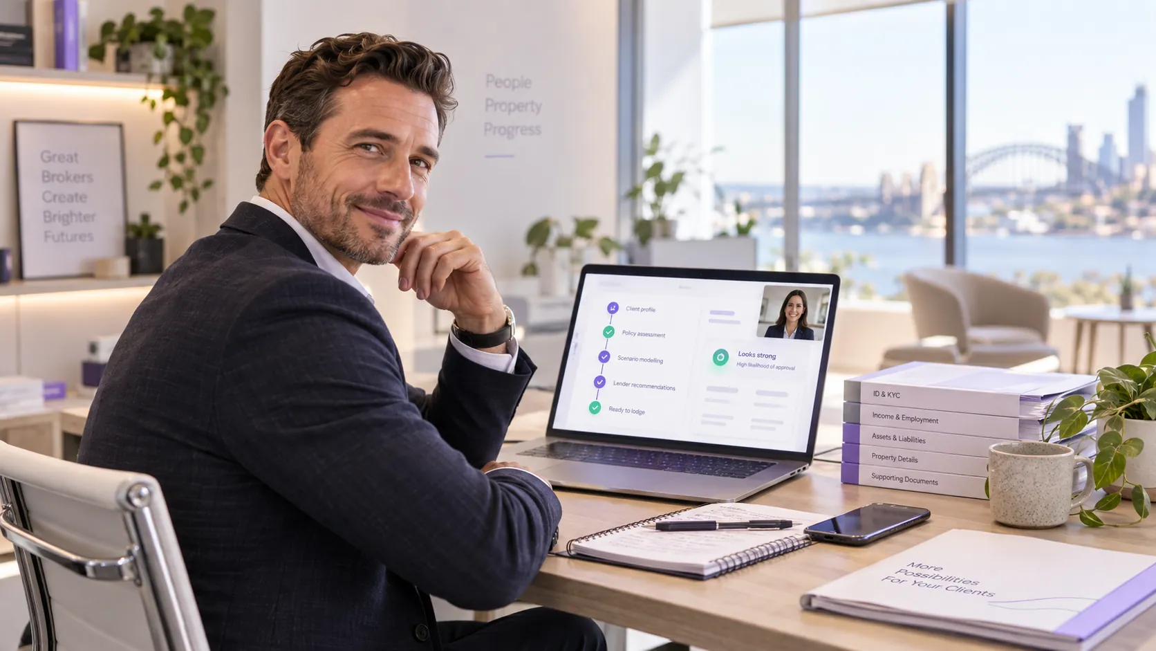 Mortgage broker working with a digital client and deal workflow in a modern office
