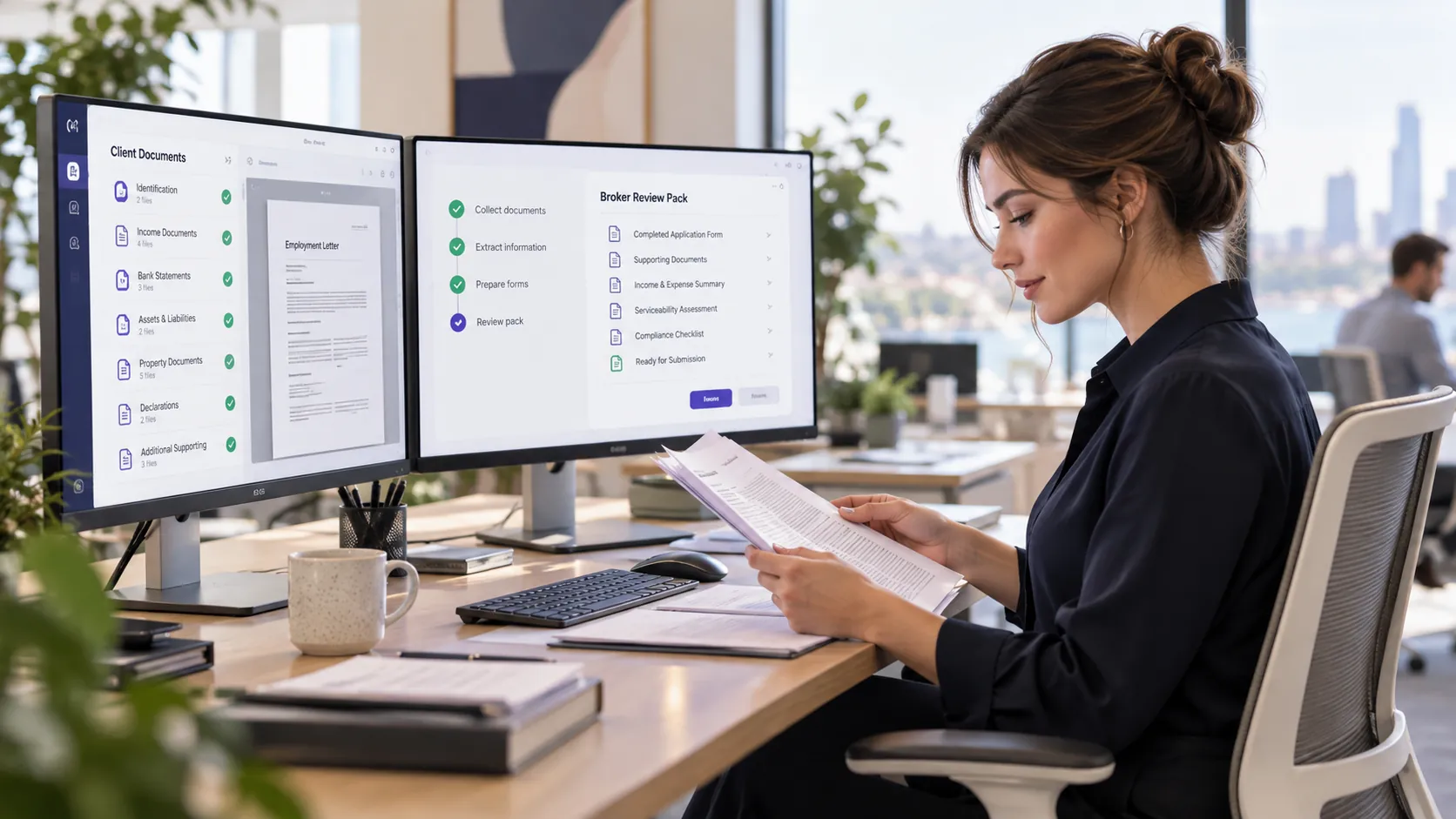 Loan processor reviewing client documents and a structured broker review pack